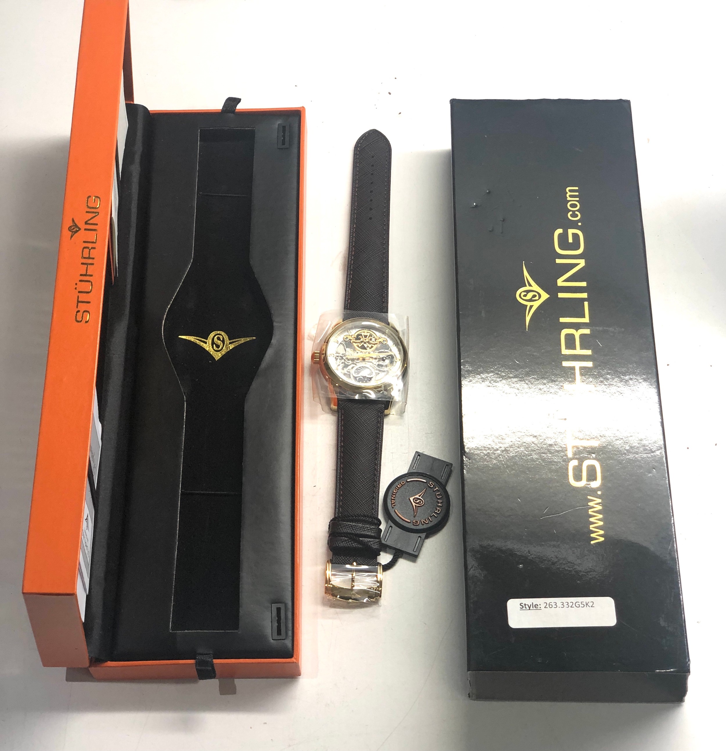 As new gents stuhrling wristwatch watch automatic open heart dual time movement boxed with booklets