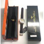 As new gents stuhrling wristwatch watch automatic open heart dual time movement boxed with booklets