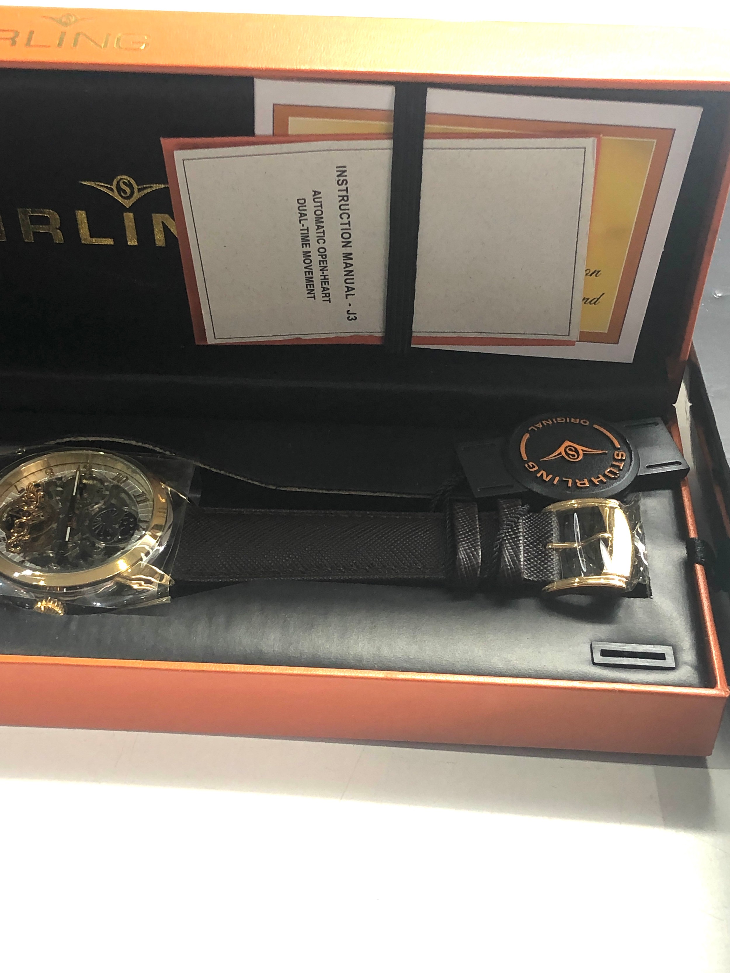 As new gents stuhrling wristwatch watch automatic open heart dual time movement boxed with booklets - Image 6 of 8