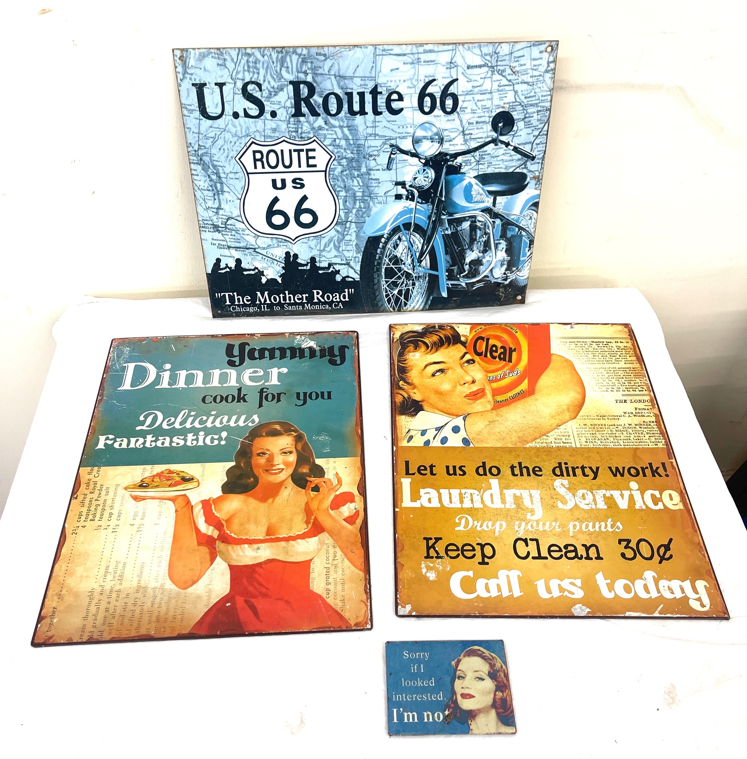 Selection of metal advertising signs to include Laundry, Route 66 Jammys dinner, largest measures: