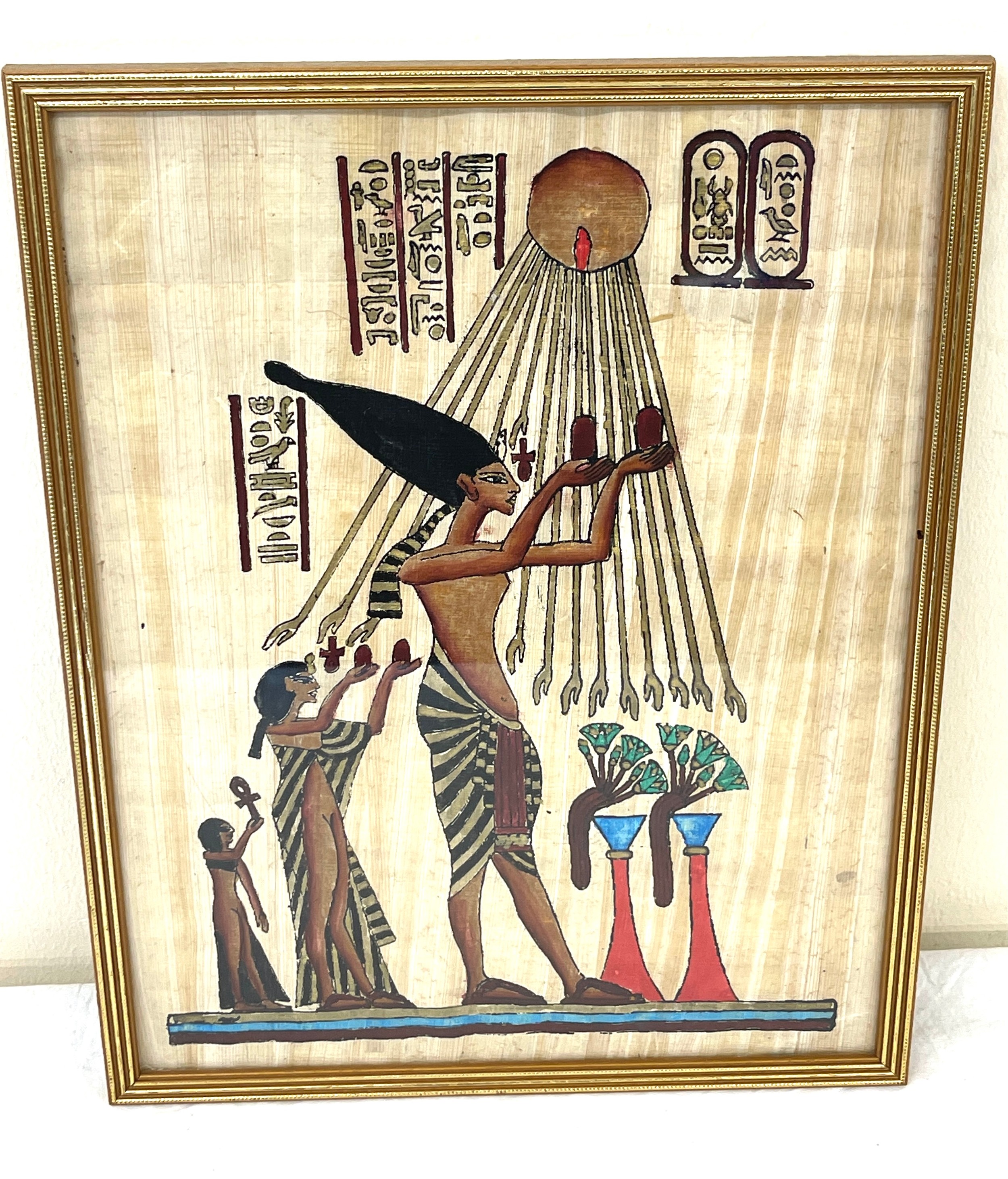 Vintage framed Egyptian painting on silk, approximate measurements of frame: Height 38cm, Width 30cm