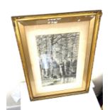 Large framed vintage sketch / drawing W.Meredith, glass cracked bottom corner, approximate frame