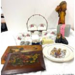 Selection of miscellaneous includes wooden items, chalk figure, tuskan tea service etc