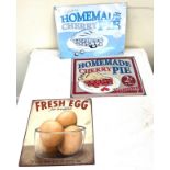 Selection of metal advertising signs to includeFresh eggs, Home made Cherry pie x 2, largest