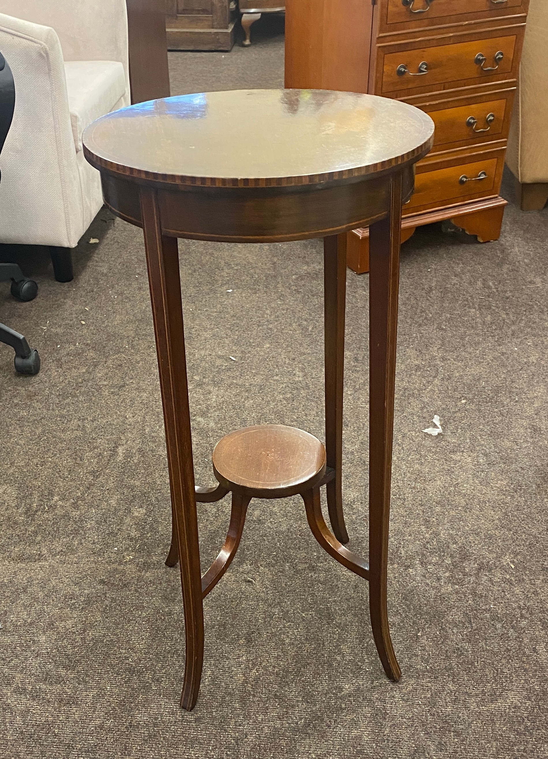 Occasional mahogany inlaid table 28" tall 15" round