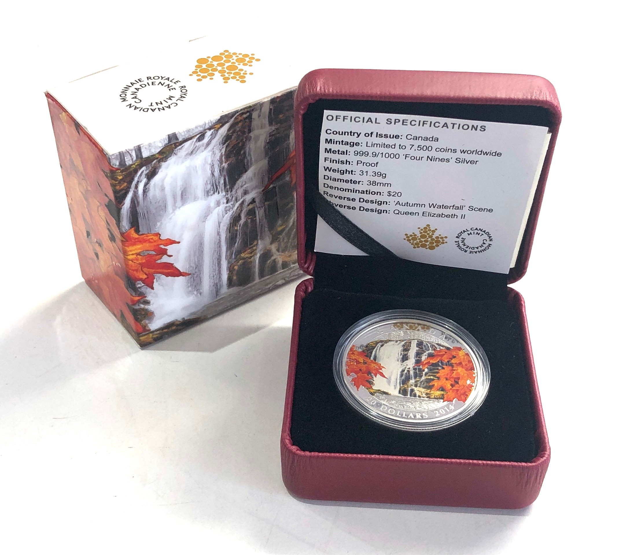 Boxed silver proof limited edition 999. 2014 silver coin cascades of autumn