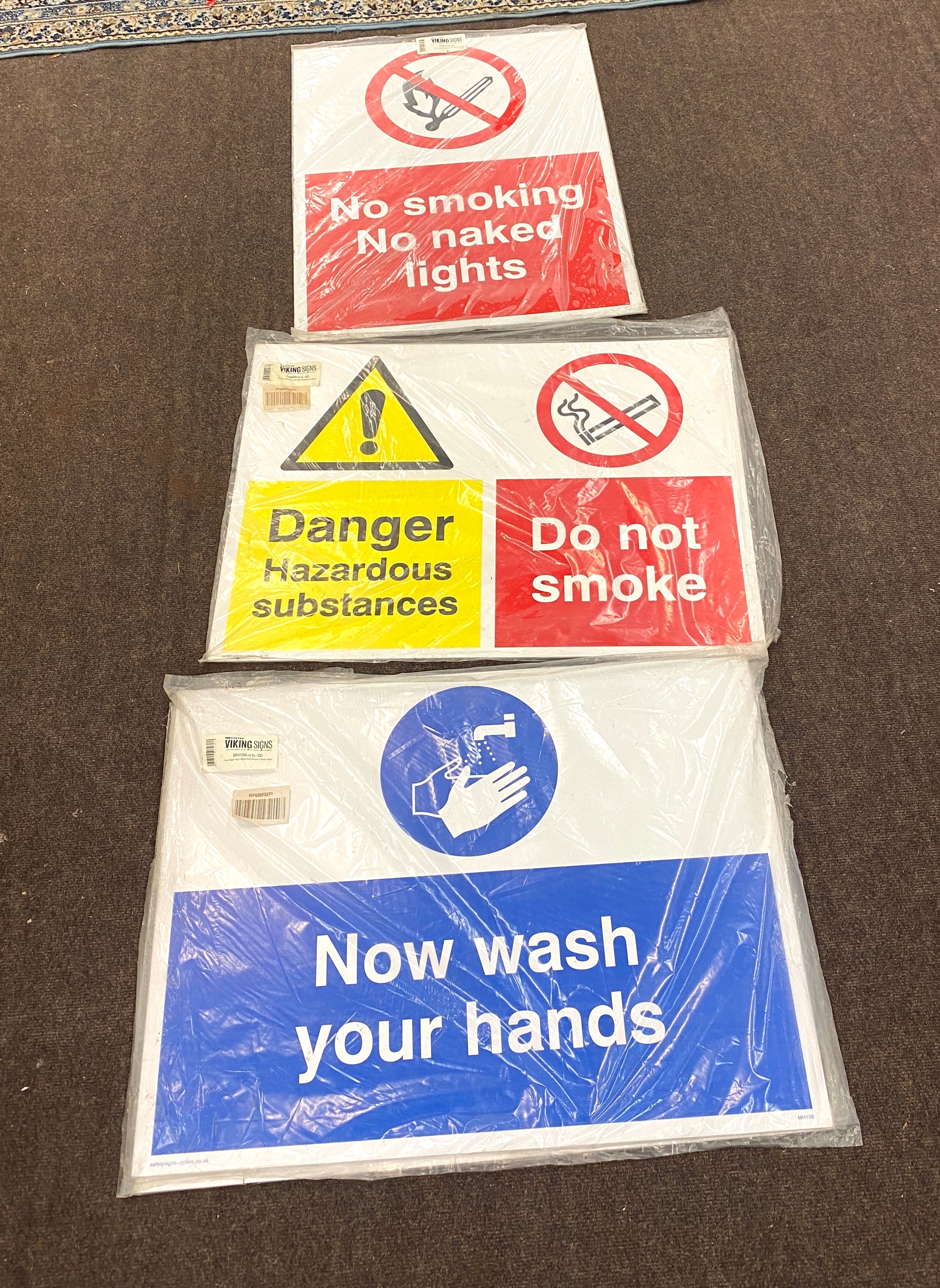 Selection of 3 Warning/ Health and Safety signs, largest measures approx 32" by 24"