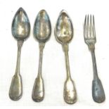 3 Continental silver spoons and a fork, weight approx 303g
