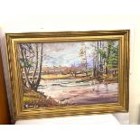 Large framed oil painting signed rice 72 measures approx 25.5" tall by 35" wide