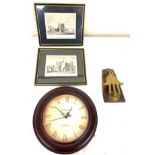 Vintage brass mounted knocker, Railway station London clock battery operated and 2 Framed prints