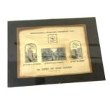 Framed vintage woven silk piece titled the International Inventions Exhibition 1885, Ye Views of Old