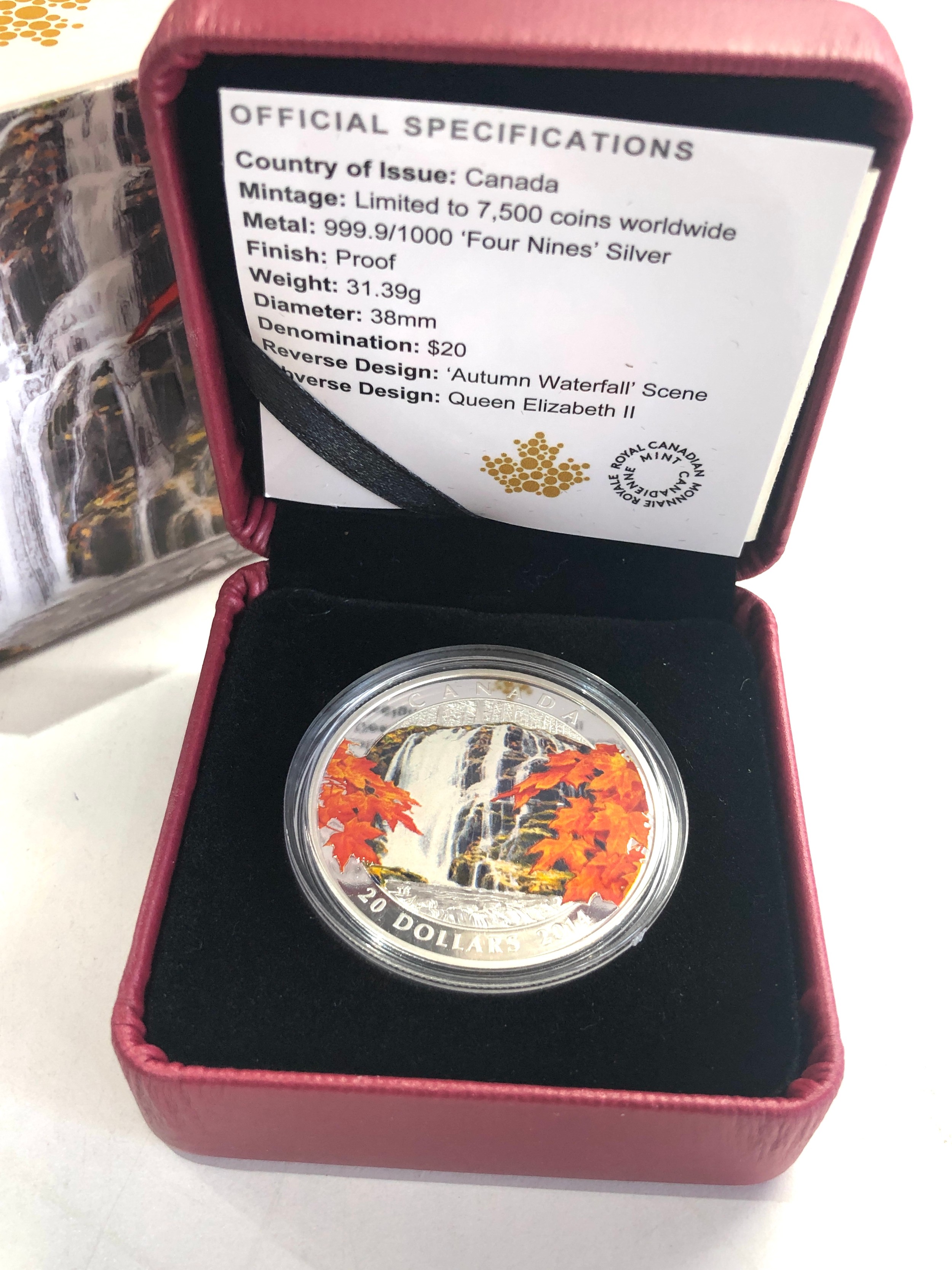 Boxed silver proof limited edition 999. 2014 silver coin cascades of autumn - Image 2 of 5