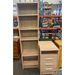 4 Shelf beech bookcase measures approx 71" tall 19.5" wide 13" depth Beech 1 door cupboard