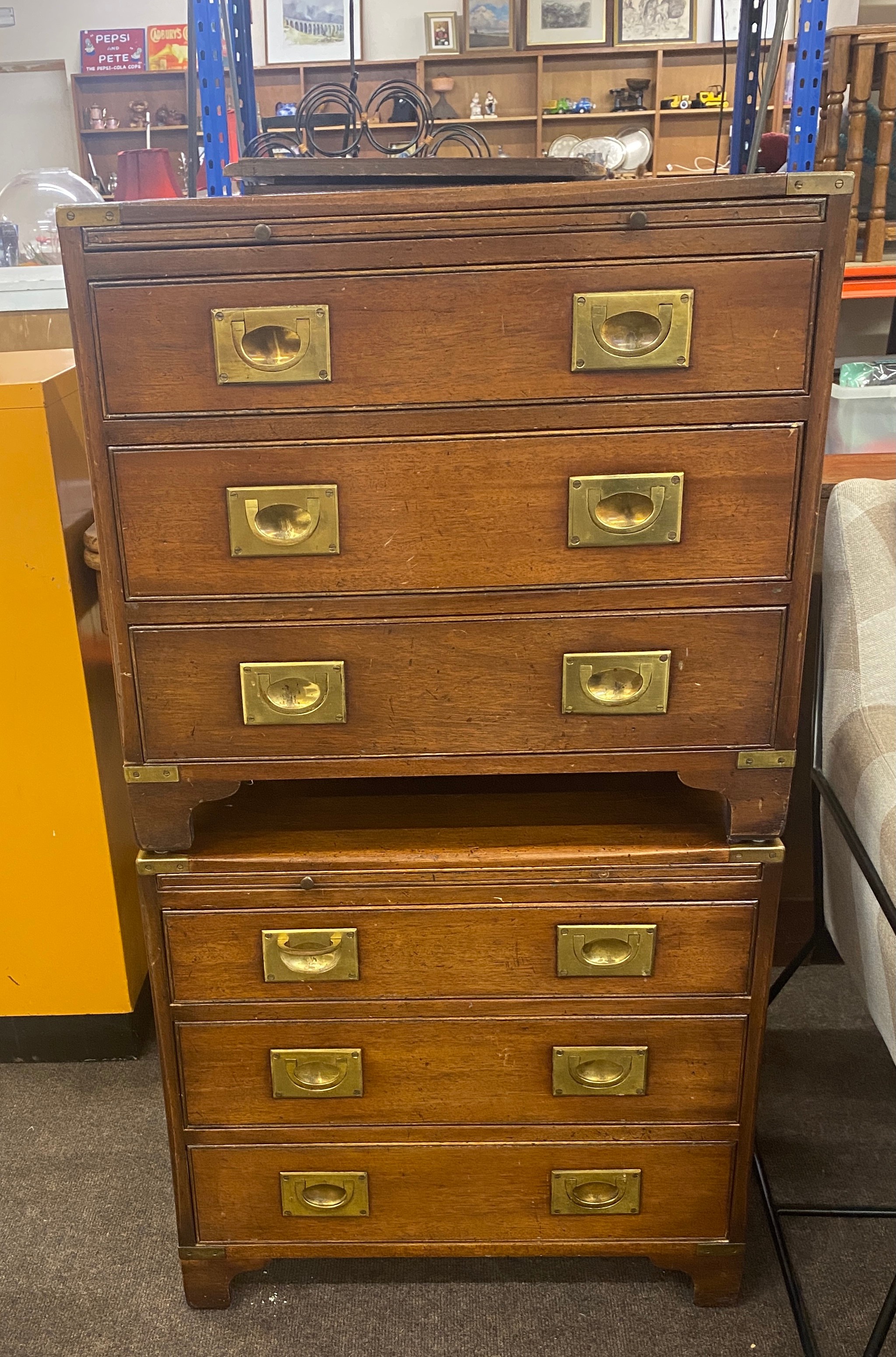 2 Reprodux campaign chests measure approx 22" tall 24" wide 13" depth handle missing on one