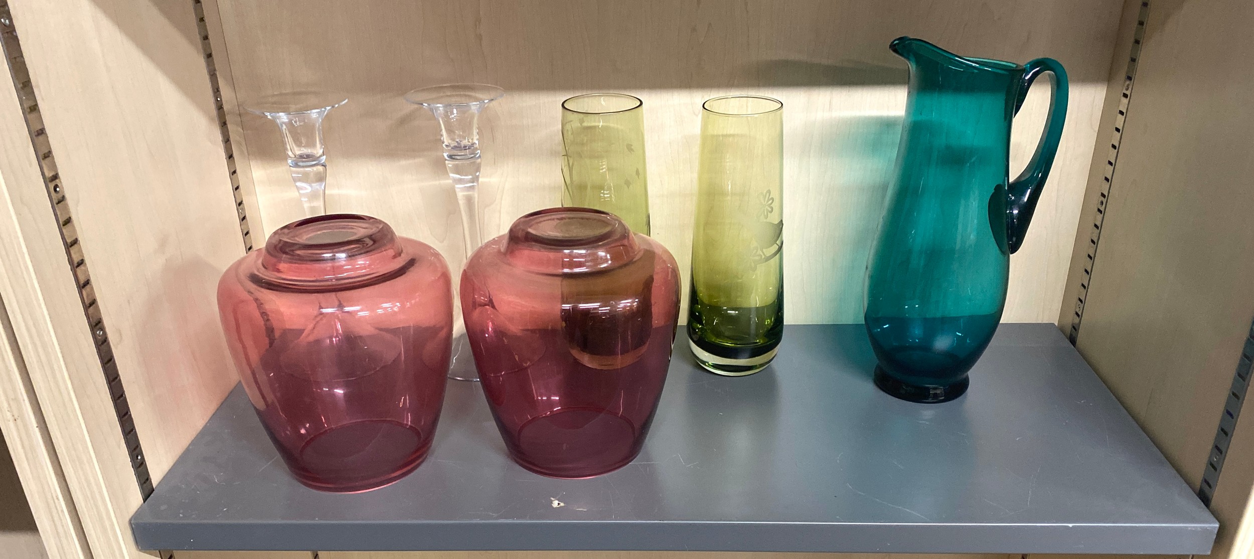 Selection of glassware includes Carnival glass vase etc