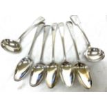 Five large silver tables spoons and two silver soup ladels approx weight 443 grams