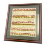 Antique framed sampler dated 1870 frame measures approx 14.5" long by 13" wide