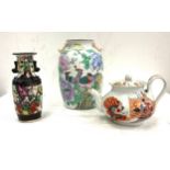 3 Pieces of oriental china includes a teapot and 2 vases, largest vase measures approx 9.5" tall