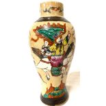 Chinese Craquel battle scene vase measures approx 9" tall, vase has damage, marks to base