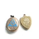 2 x Antique gold back & front foliate etched lockets inc. masonic enamel & faith, hope and charity