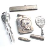 Selection of silver items inc combe miniature mirror pen knives etc