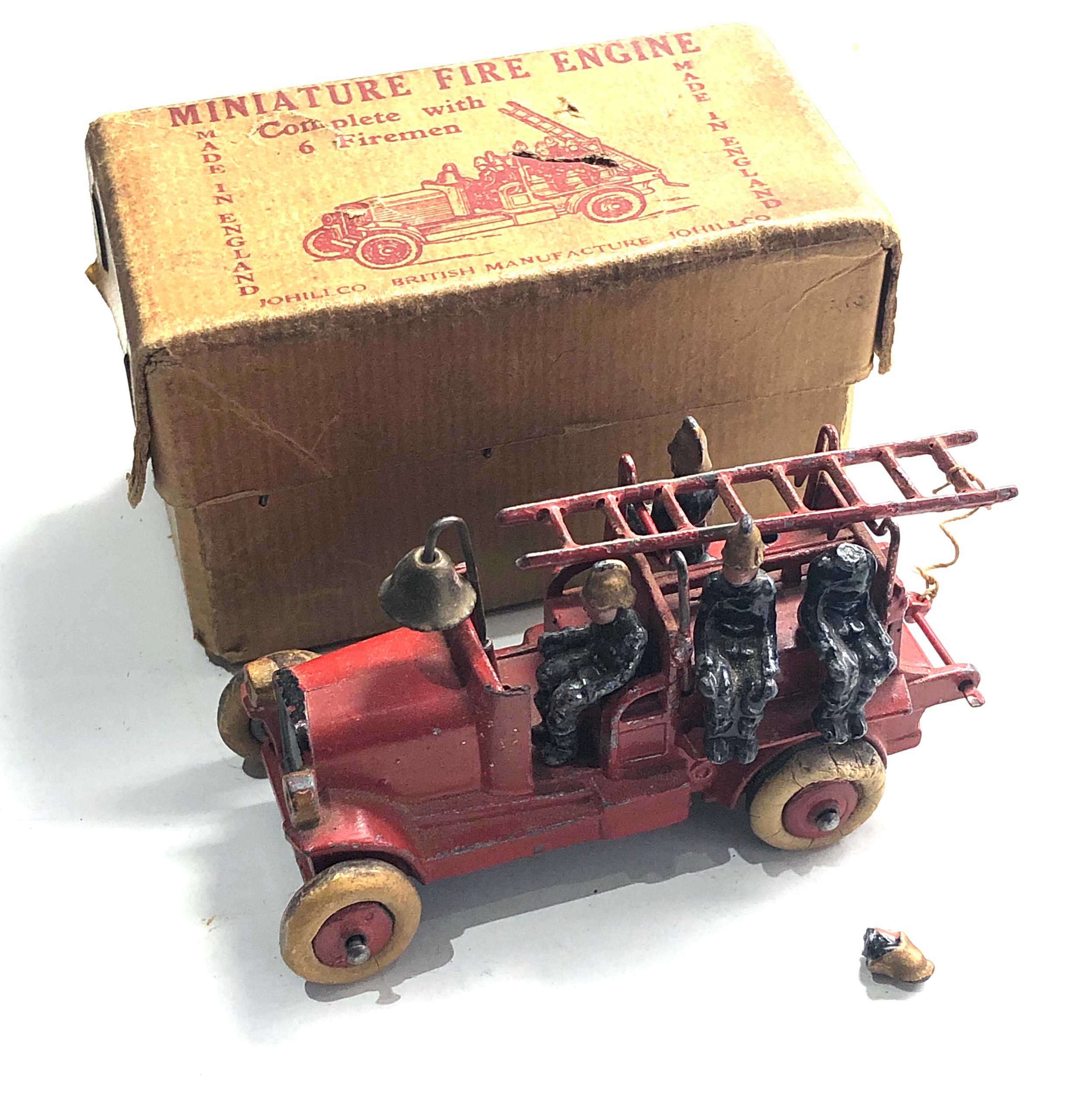 Vintage boxed lead Johillco miniature fire engine in original box some figures damaged and missing