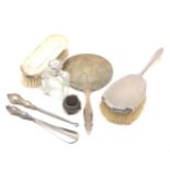 Selection of silver items includes mirror brushes scent bottles etc