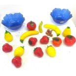 Selection glass fruit ornaments, 2 matching blue glass bowls