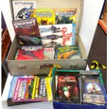 Vintage suitcase containing vintage computer games, magazines including White Dwarf, Work games