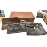 Vintage leather initialled suitcase, leather document pouches