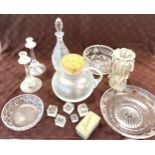 Selection vintage glassware to include pair candlesticks, bowls, jug, decanters etc