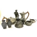 Selection of pewter ware includes figures, tea service etc