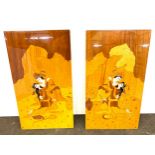 Matching pair of lacquered marquetry panels with middle eastern designs measures approx 21" tall