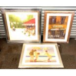 3 brand new Framed pictures one has crack to glass in corner, largest measures 34" square