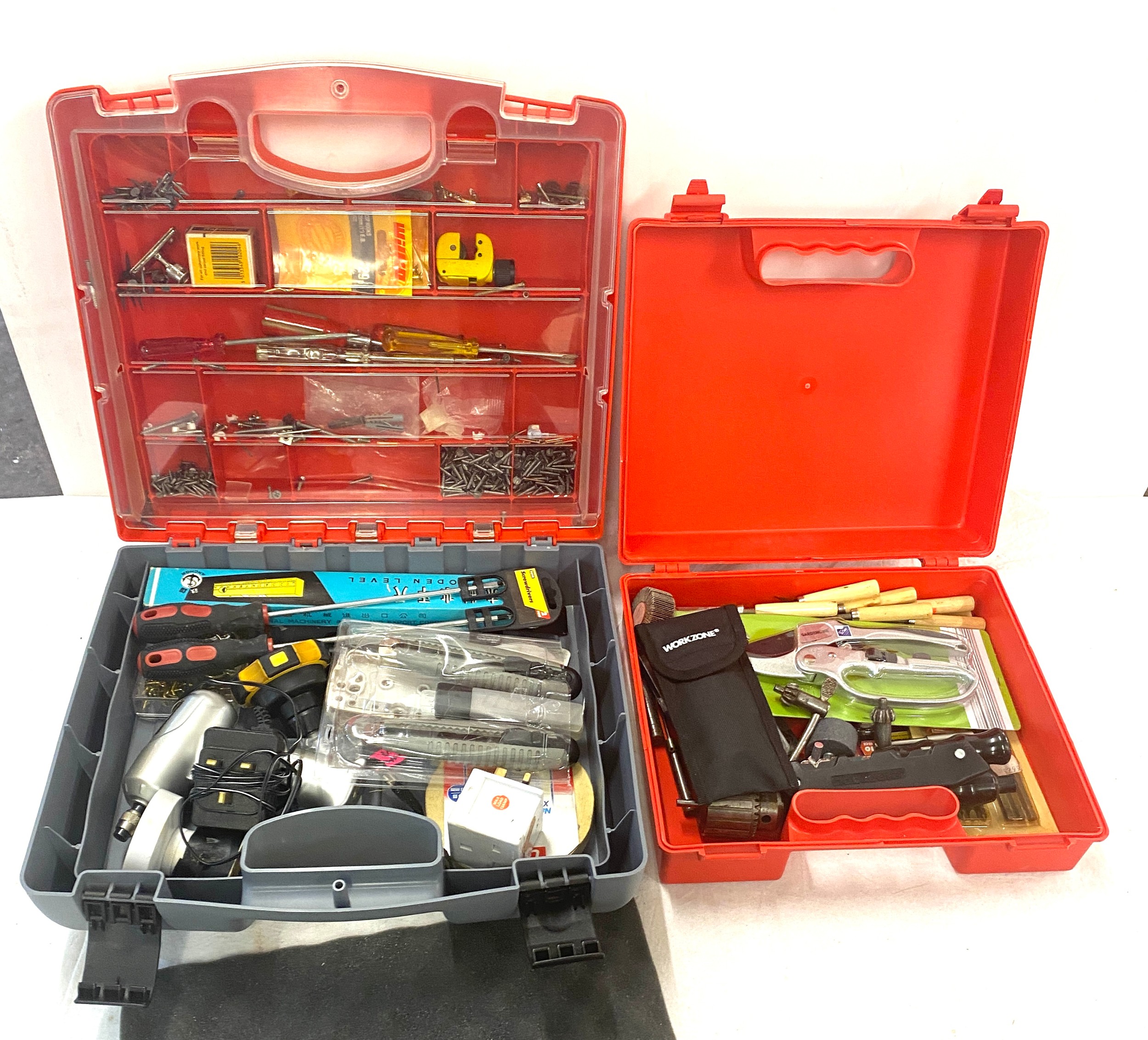 2 Plastic tool boxes with various tools