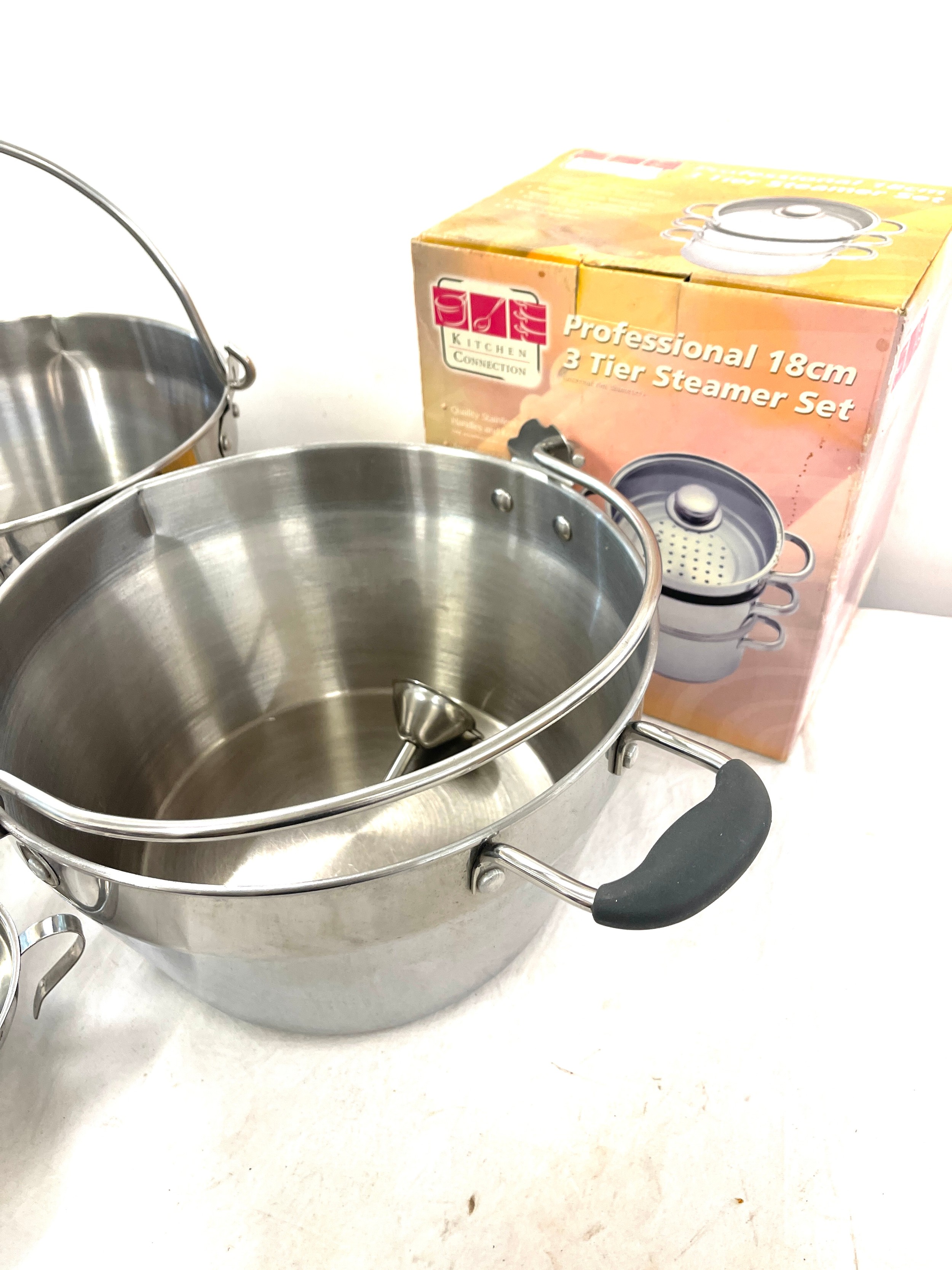 2 Large stainless steel pans, steamer etc, pan diameter approximately 12 inches - Image 2 of 3