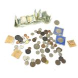 Selection of old currency, coins and notes (Â£5 coin, crowns etc)