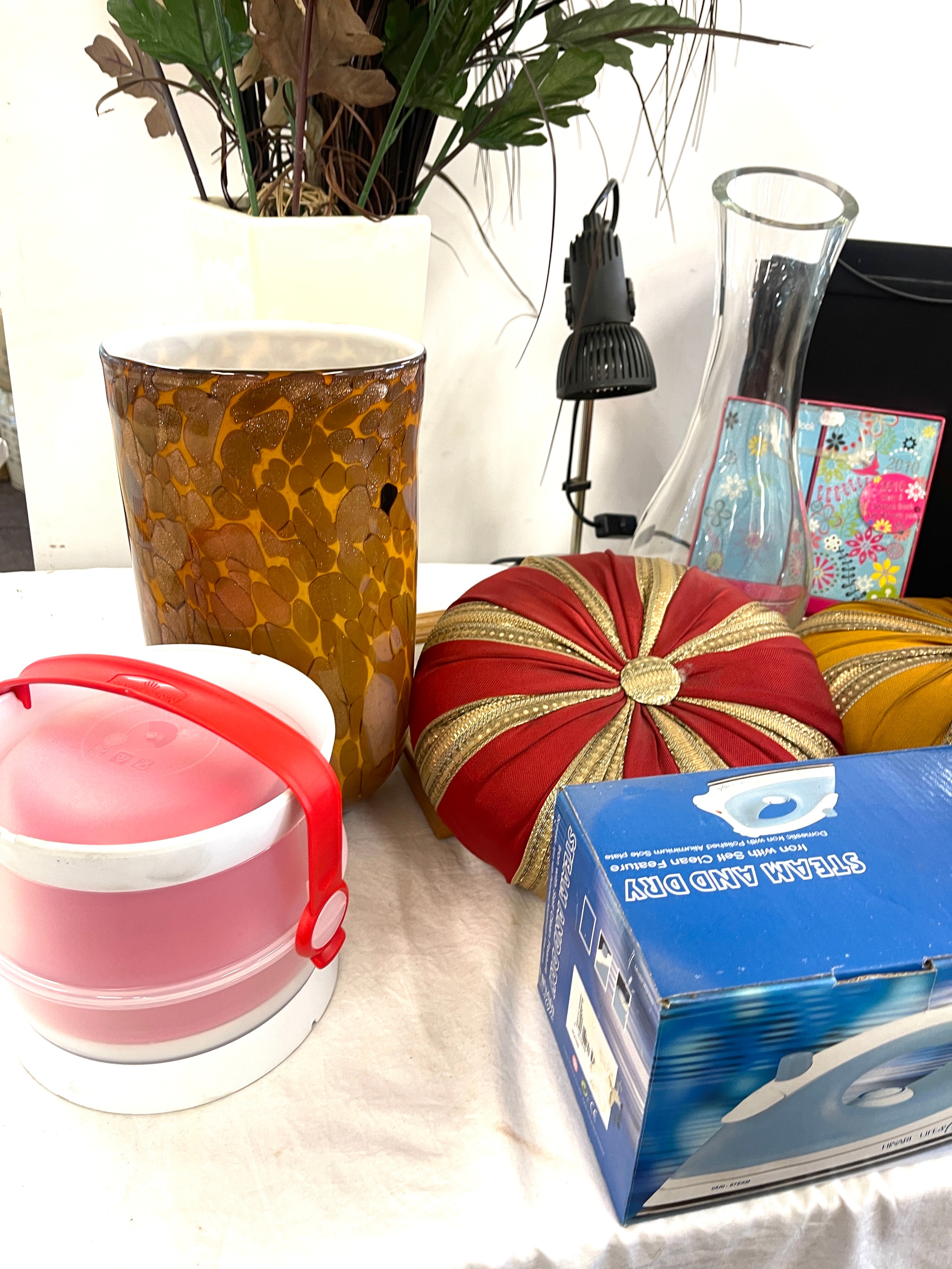 Assortment of items to include microwave pressure cooker, vases, kettle, iron etc