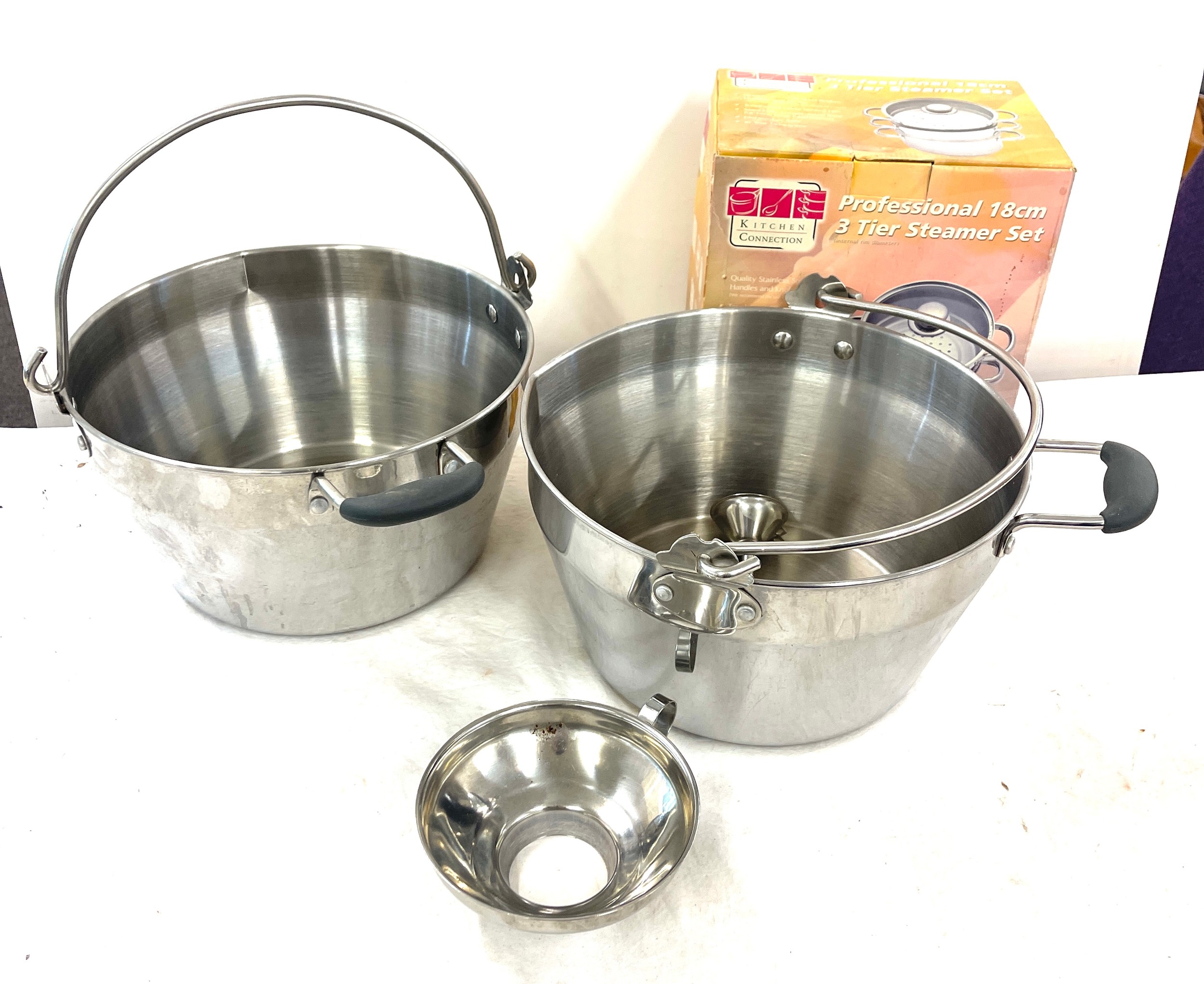 2 Large stainless steel pans, steamer etc, pan diameter approximately 12 inches