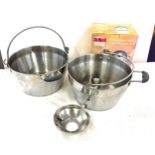 2 Large stainless steel pans, steamer etc, pan diameter approximately 12 inches