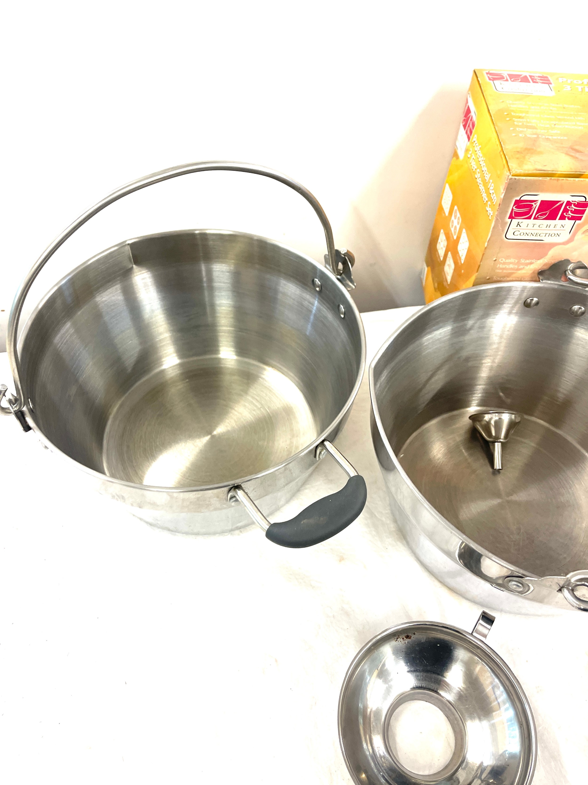 2 Large stainless steel pans, steamer etc, pan diameter approximately 12 inches - Image 3 of 3