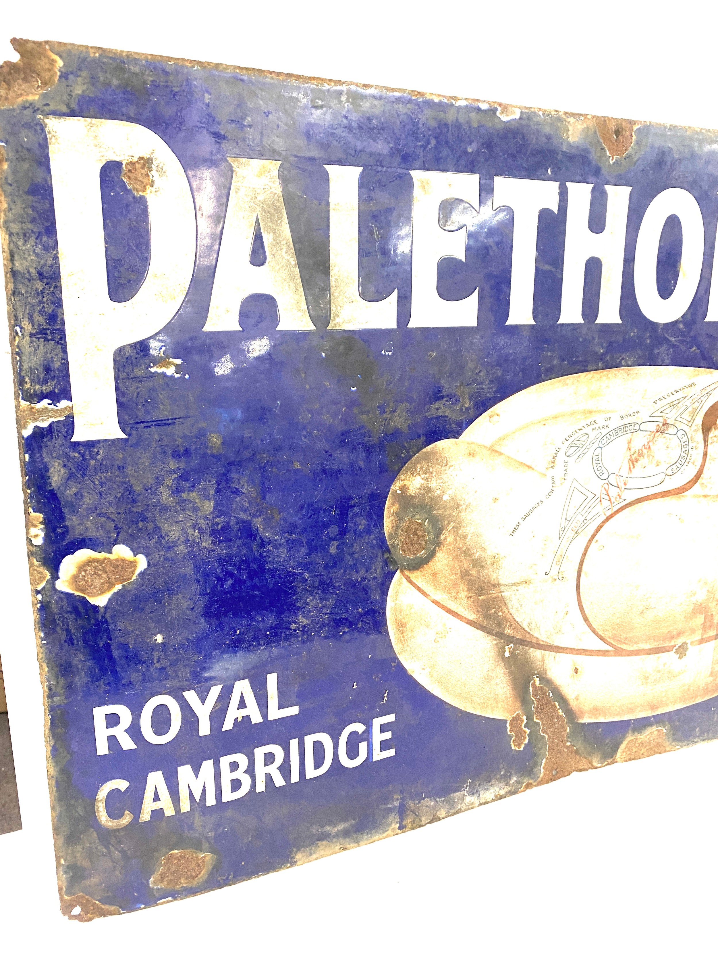 Vintage Palethorpes Royal Cambridge sausage advertising metal sign measures approx 24" tall 36" - Image 3 of 3