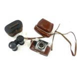 Agfa colour Agnar camera with leather case, antique pair of binoculars