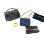 Selection of ladies handbags and a Stratton ladies compact