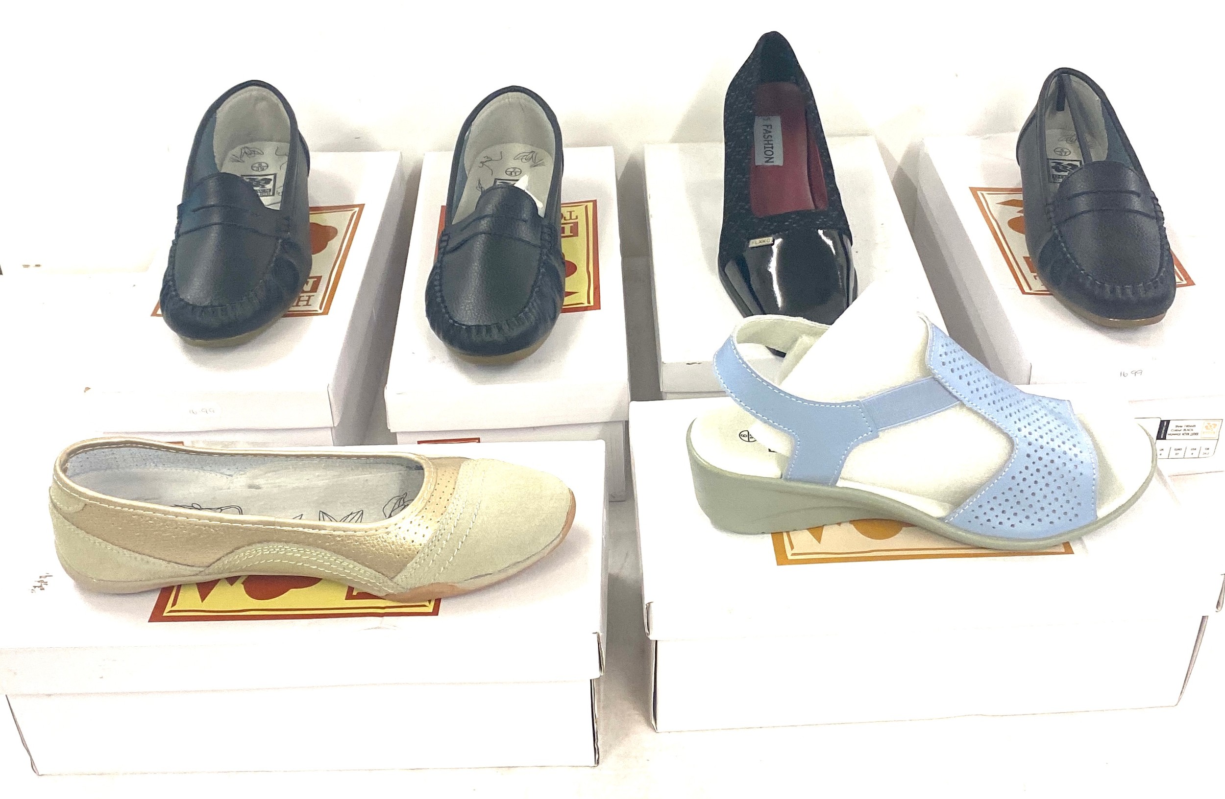 Selection of 6 pairs of ladies shoes assorted sizes and colours