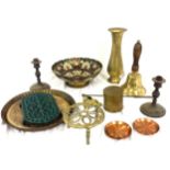 Selection of brassware to include bowl with pedestal stand, bell, vase etc