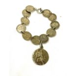 Vintage silver 3 pence coin and St Christopher bracelet, approximate weight 21g