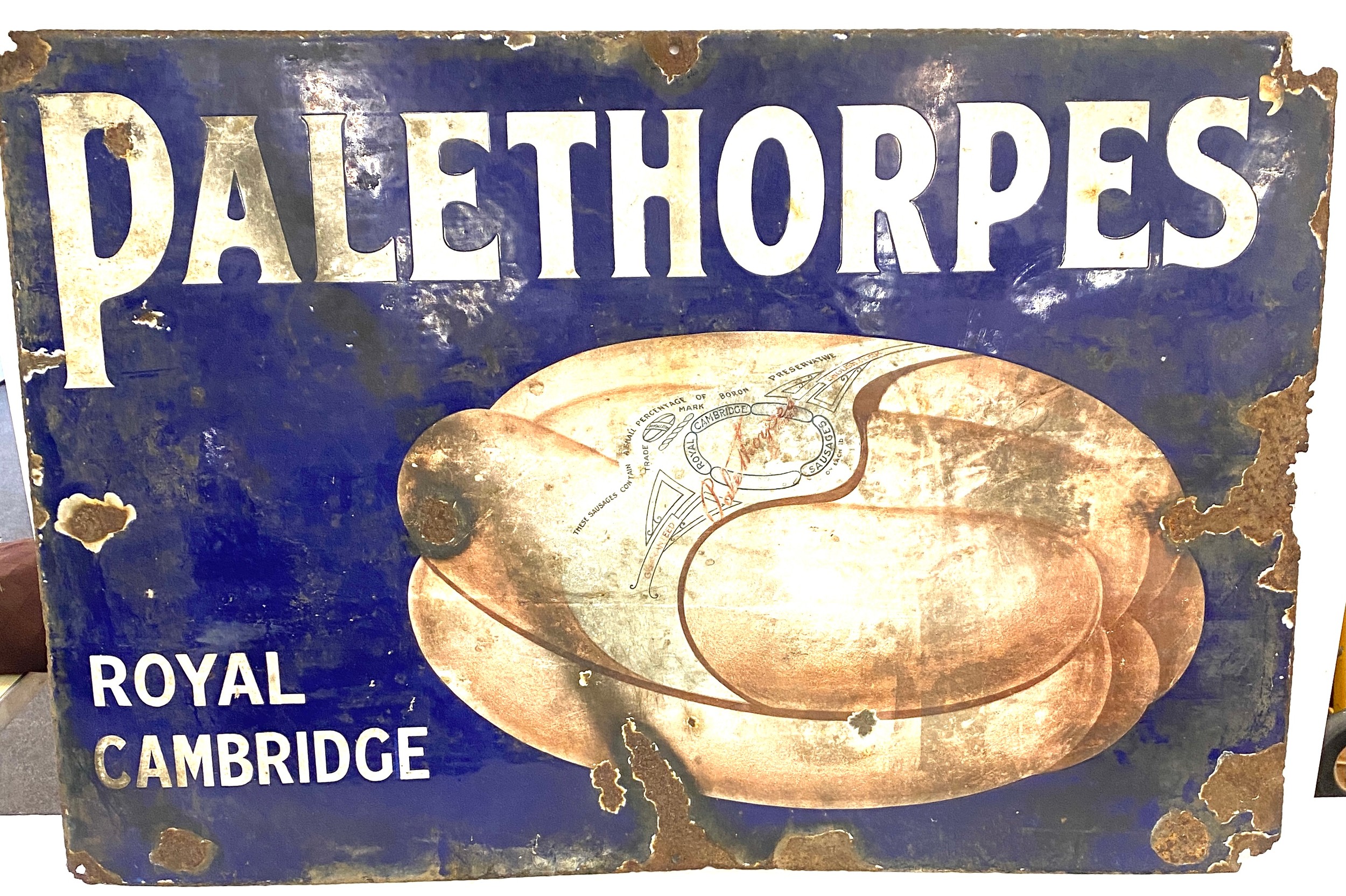 Vintage Palethorpes Royal Cambridge sausage advertising metal sign measures approx 24" tall 36"