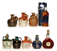 The Black Prince, De Luxe Scotch Whisky, 17 Year Old, one ceramic flagon and eight various others