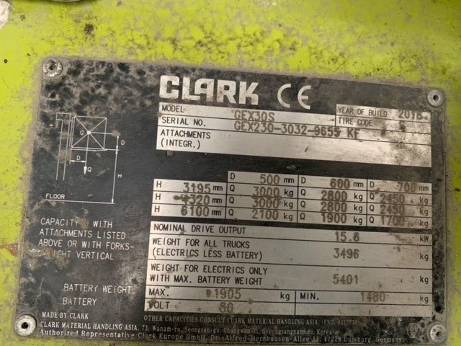 Clark GEX30S 3,000kg Battery Forklift Truck (2018) - Image 6 of 7